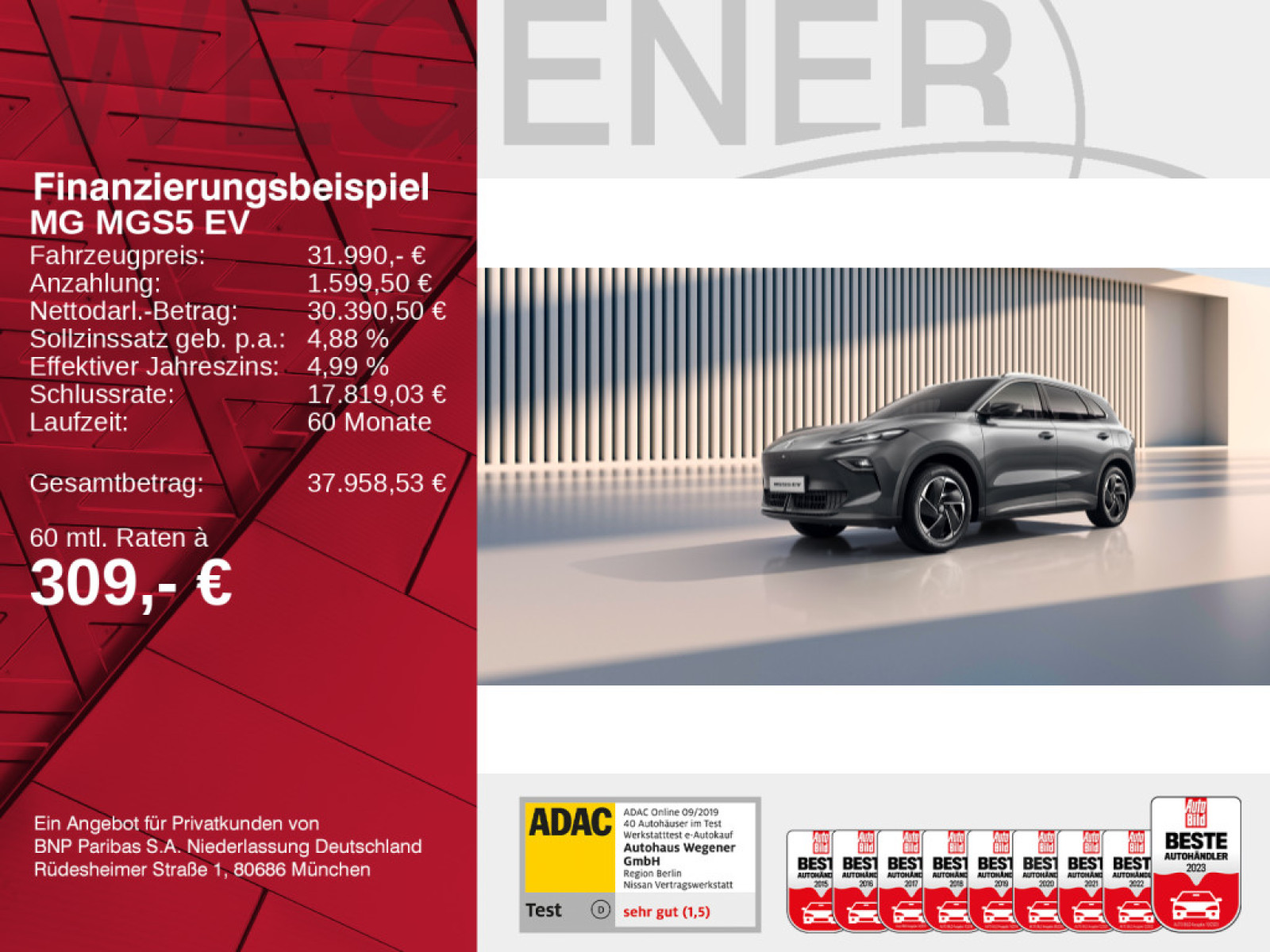 MG MGS5 EV 49kWh COMFORT - ACC LED KAM TOTW SHZ PDC